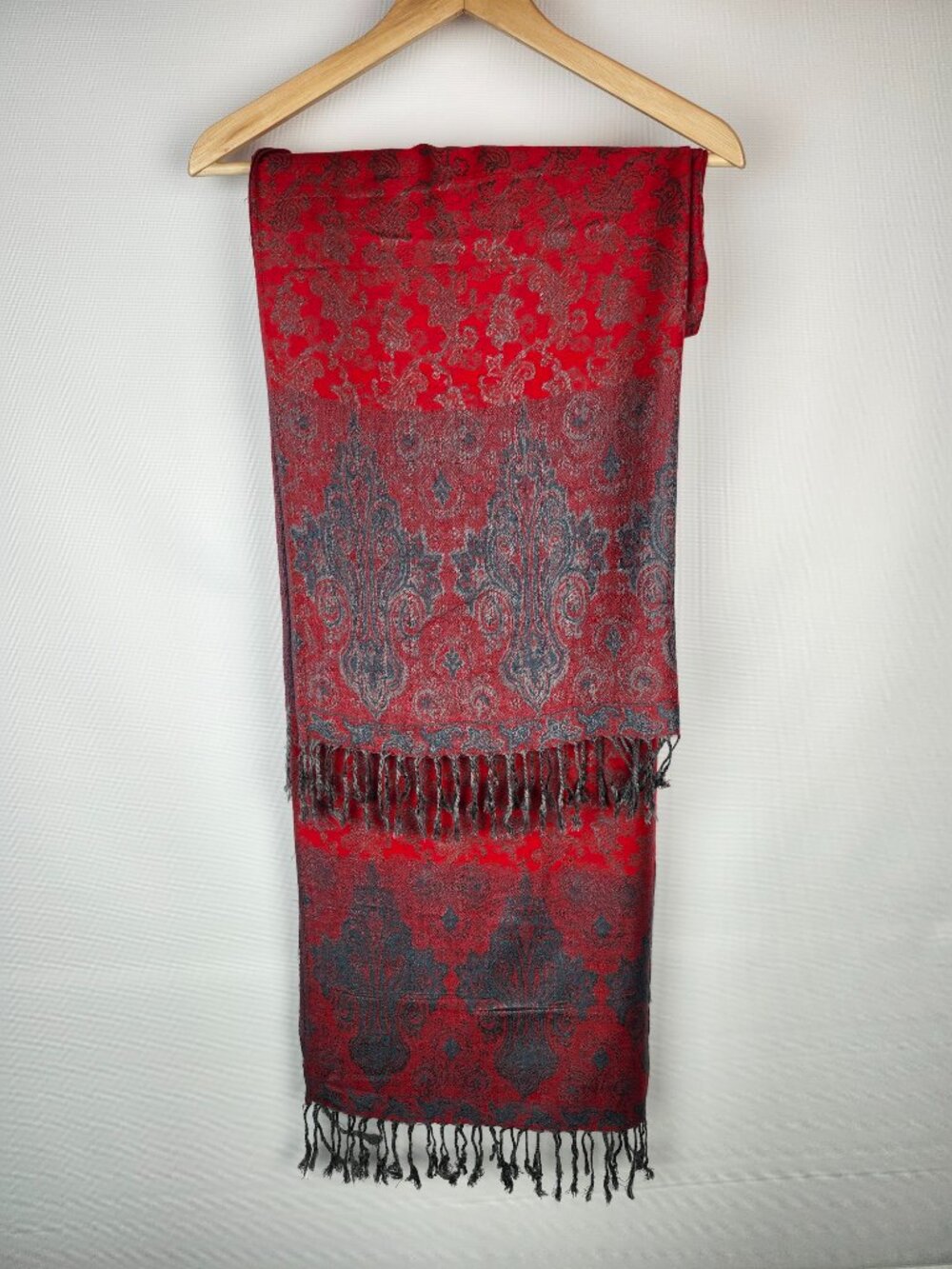 Pashmina / Silk Scarf Wrap w/Tassels, Red, Gray.